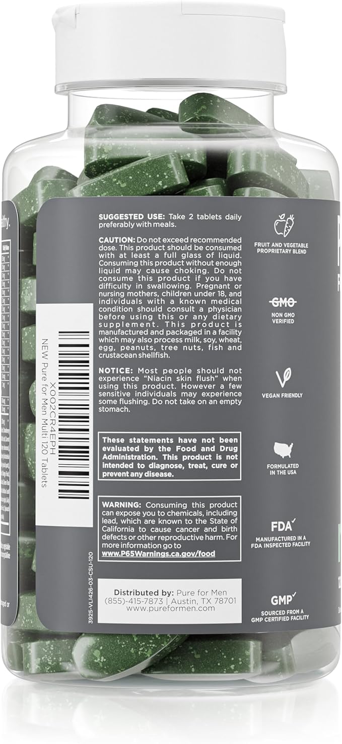 Complément multivitaminé Pure for Men | Énergie, soutien de l'humeur, os solides, antioxydants, minéraux | Vitamines A, B, C, D, magnésium, calcium | Mélange exclusif de 42 fruits et légumes | 120 comprimés végétaliens