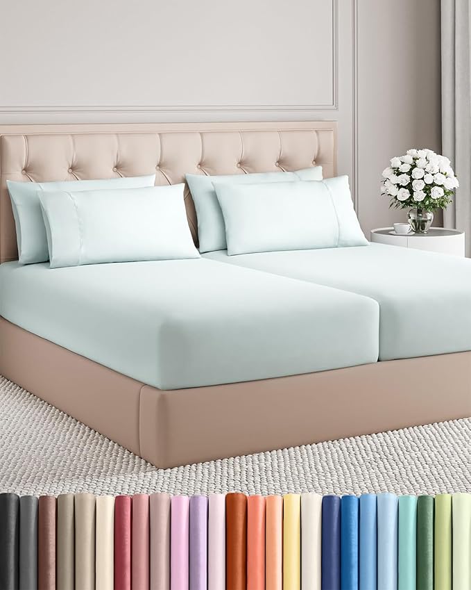 Split King 7 Piece Sheet Set - Comfy Breathable & Cooling - Soft Hotel Luxury Bedding Set with 8-16 Inch Deep Pockets - 1 Flat & 2 Fitted Sheet & 4 Pillowcases - Wrinkle Free & Easy Care - Ice Blue