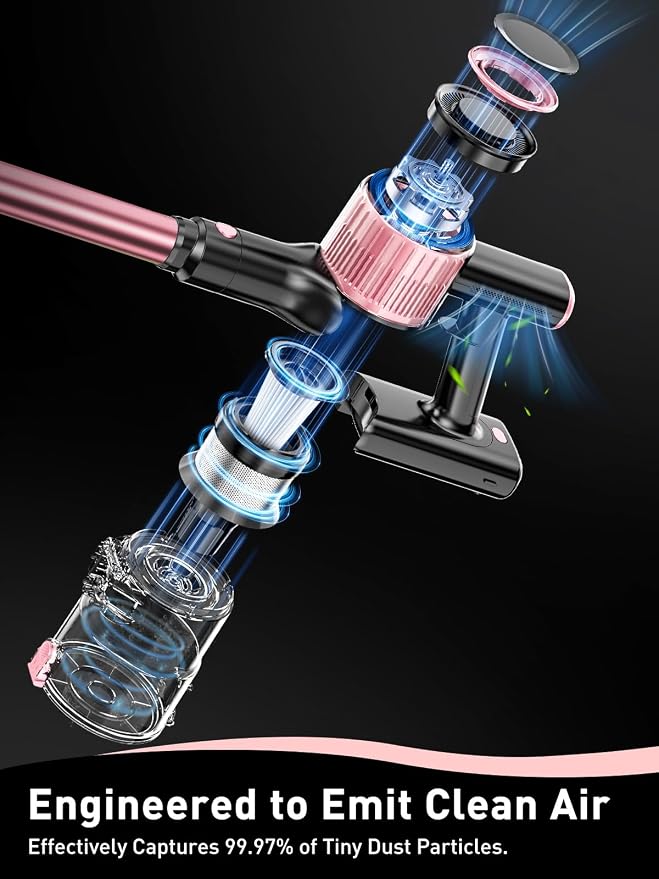 VICEASE Cordless Vacuum Cleaner, 8 in 1 Powerful Suction Lightweight Vacuum Cleaner for Home, LED Display, 3 Suction Modes, 45Mins Detachable Battery Stick Vacuum for Hard Floor Carpet Pet Hair, Pink