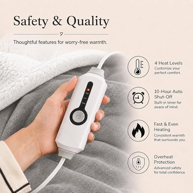 Electric Heated Blanket Full Size 72"x84" – ETL Certified for Safe Overnight, 4 Heat Settings & 10H Auto Off, Dual-Sided Microplush Sherpa for Home Theater Night, Machine washable – Light Gray