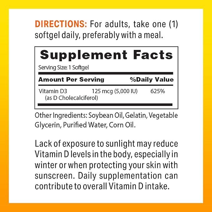 Vitamin World Vitamin D3 5000 IU 100 Softgels, Mega-Potency, Bioavailable, Promotes Bone Health, Helps Support Immune System, Rapid-Release, Gluten Free
