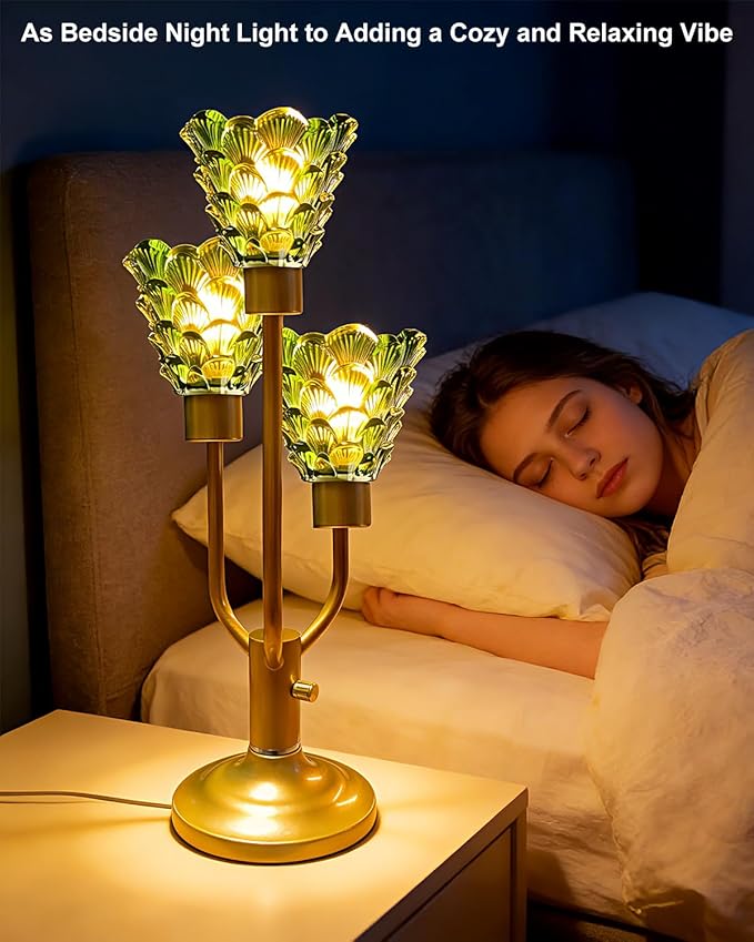 Mid Century Modern Vintage Table Lamp Dimmable Nightstand Lamp with Green Glass Gold Desk Lamp 3 Bulbs Included Warmwhite Ambient Bedside Lamps for Bedroom Living Room Office Home Decor