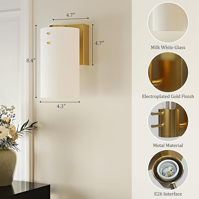 Morauroral Gold Modern Battery Operated Wall Sconce, Rechargeable Wall Sconce with Dimmable Remote, Indoor Wall Lights Warm Light for Living Room Bedroom with White Shade (Bulbs Included)