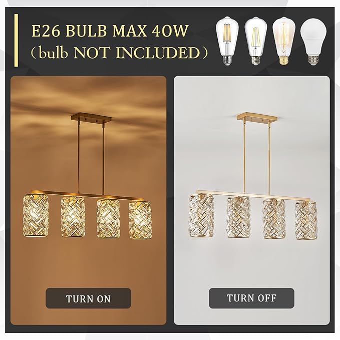 CATINER Gold Crystal Kitchen Island Lighting 40" Modern Linear Chandelier 4 Lights Ceiling Pendant Light Fixture Luxury for Kitchen Dining Room Living Room