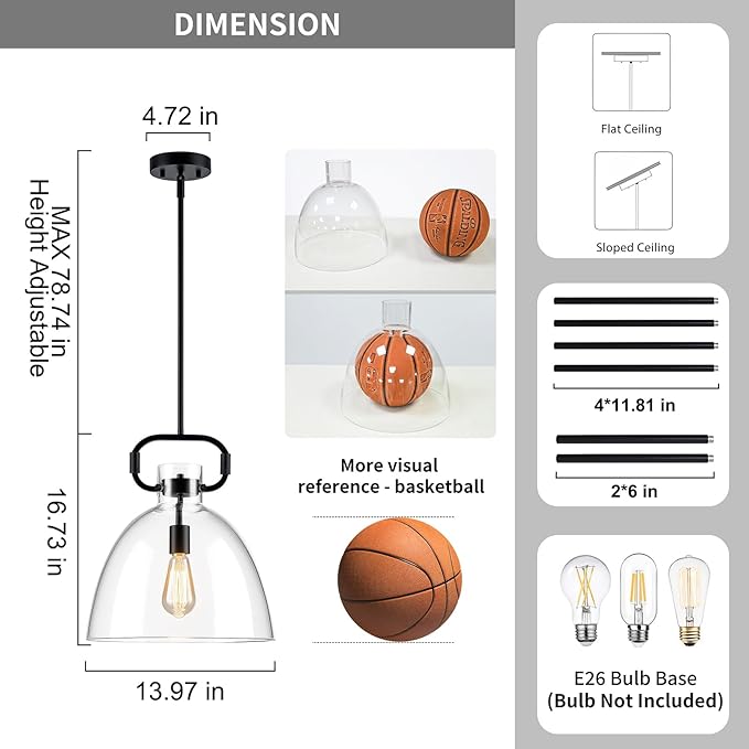 14'' Glass Pendant Light Fixture, 1-Light Modern Large Pendant Lights Kitchen Island, Adjustable Cord Farmhouses Black Island Lighting for Kitchen Bedroom Dining Room, E26