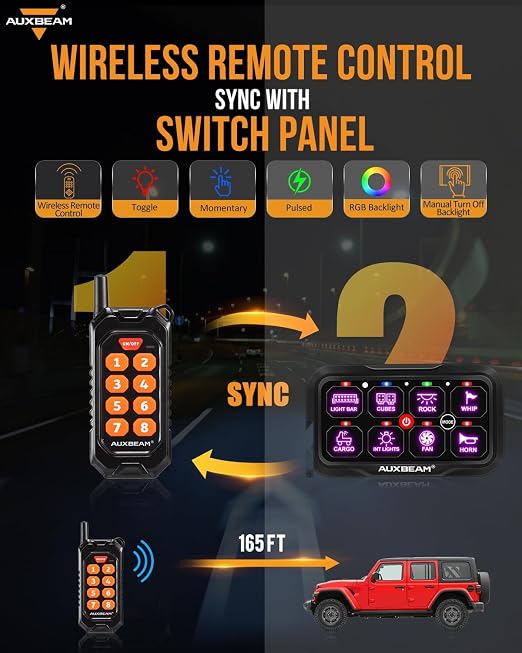 Auxbeam 8 Gang Switch Panel RC-800 RGB Wireless Remote Control Range Up to 165FT Multifunction Switch Pod 3 lighting modes with Backlit Off and Auto Dimmable for RV Offroad Waterproof 3 Years Warranty