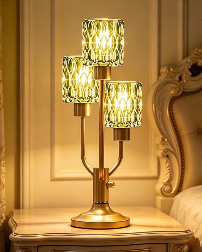 Mid Century Modern Glass Green Table Lamp Dimmable Nightstand Lamp Gold Vintage Desk Lamp 3 Bulbs Included Warmwhite Ambient Bedside Lamps for Living Room Bedroom End Table Office Home Decor