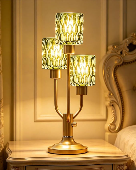 Mid Century Modern Glass Green Table Lamp Dimmable Nightstand Lamp Gold Vintage Desk Lamp 3 Bulbs Included Warmwhite Ambient Bedside Lamps for Living Room Bedroom End Table Office Home Decor