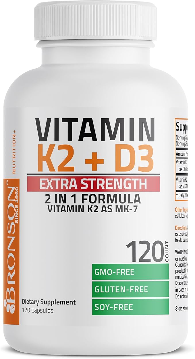 Bronson Vitamine K2 (MK7) avec D3 Supplément Extra Fort pour la Santé des Os et du Cœur Formule Sans OGM 10 000 UI Vitamine D3 & 120 mcg Vitamine K2 MK-7 Vitamine D & K Facile à Avaler, 120 Gélules
