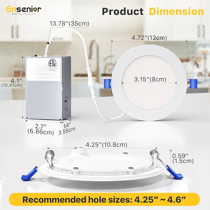 Ensenior 12 Pack 4 Inch LED Recessed Ceiling Light, Dimmable, 2700K-5000K 5CCT, 750LM 9W 120V, High Brightness Canless Wafer Downlight - ETL&FCC&IC