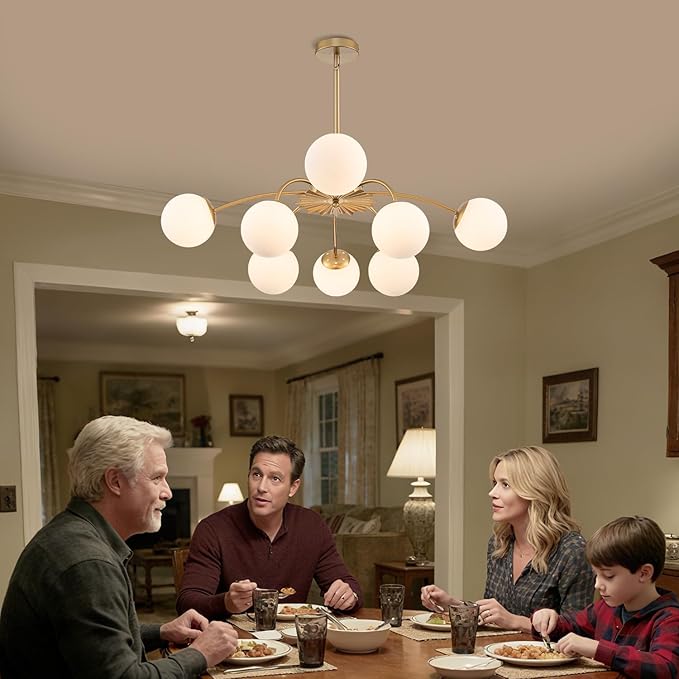8-Light Milk Glass Pendant Light, 33" Sputnik Bubble Glass Chandelier Light Fixture, Hand Blown Semi Flush Mount Ceiling Chandeliers Lighting for Dining Room, Living Room (Gold, 8-Light Chandelier)