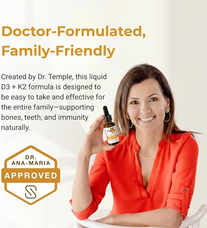 Vitamine D3 liquide bio avec K2 par le Dr Ana Maria Temple | Favorise la solidité des os et la santé immunitaire | Certifié biologique USDA | Base d'huile d'olive pour une meilleure absorption | 30 ml