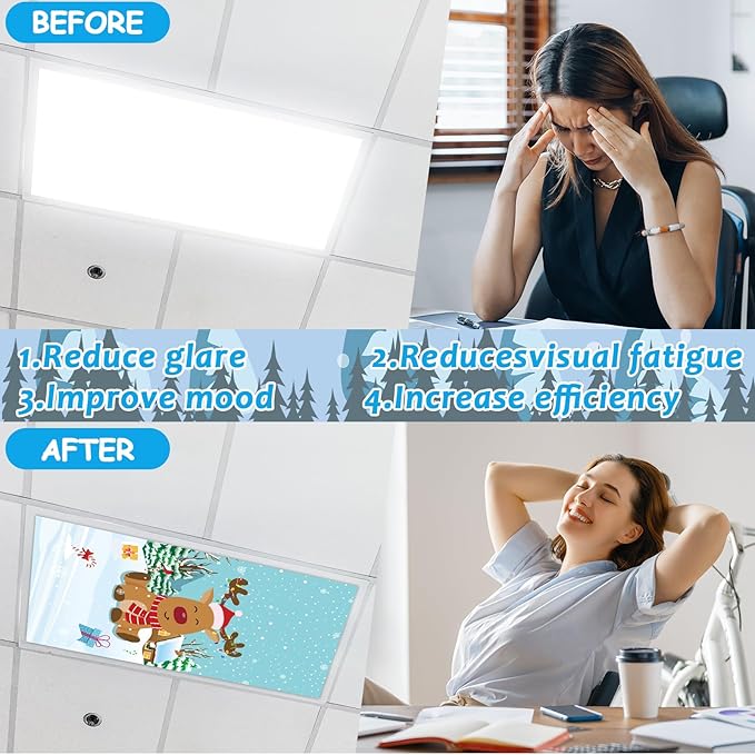 8 Pcs Fluorescent Light Covers with 60 Magnets Decorative Classroom Ceiling Lights 4 x 2 Feet Magnetic Light Cover Filter Easy Install for Office Hospital Home Ceiling Supply(Winter Christmas Cartoon)