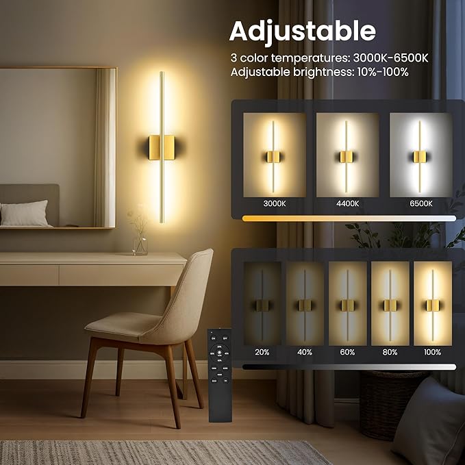 Battery Operated Wall Sconces Set of Two, 10000mAh Rechargeable Wall Lights with Remote Control, 360° Rotate Dimmable Gold LED Cordless Lamps for Bedroom, Living Room, Hallway, 29 Inch, 3CCT