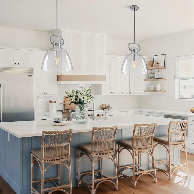 Large Pendant Lights Kitchen Island, 14'' Brushed Nickel Pendant Lights Fixture with Clear Glass Shade, 1-Light Modern Glass Kitchen Island Lighting for Dining Room Bedroom Over Table, E26