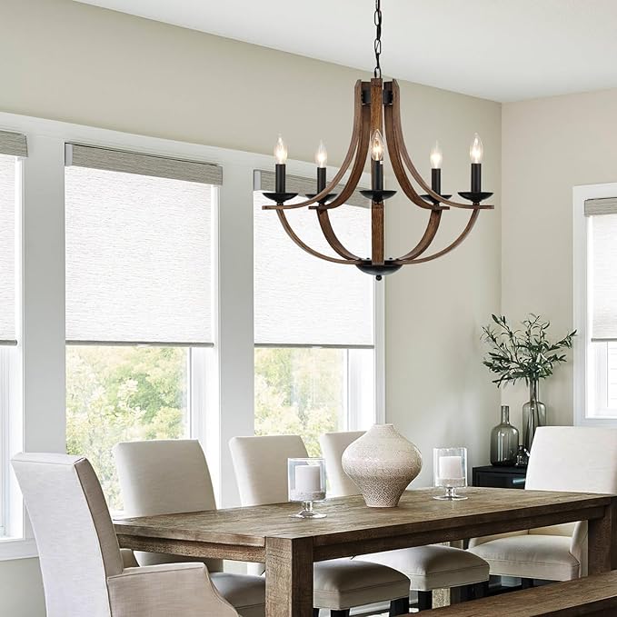 LAMPKEDUO Farmhouse Chandeliers for Dining Room Light Fixture, 5-Light 24 inch Faux Wood Texture Hanging Lighting Fixtures, Rustic Candle Chandeliers for Living Room Kitchen Island Foyer Entryway