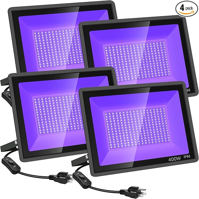 YANYCN 4 Pack 400W LED Black Light,Black Flood Light Outdoor with Plug and Switch, IP66 Waterproof 395nm to 405nm LED UV Blacklight Neon Glow for Glow Party, Halloween, Fluorescent Poster, Body Paint