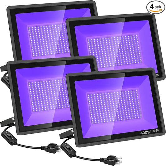 YANYCN 4 Pack 400W LED Black Light,Black Flood Light Outdoor with Plug and Switch, IP66 Waterproof 395nm to 405nm LED UV Blacklight Neon Glow for Glow Party, Halloween, Fluorescent Poster, Body Paint