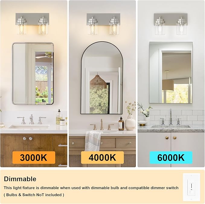 IZORRO Bathroom Vanity Light Fixture, 2-Light 15 Inch Brushed Nickel Bathroom Light Fixtures Over Mirror, with Clear Glass Shade, Modern Farmhouse Vanity Lights, Rustic Restroom Lighting Fixtures