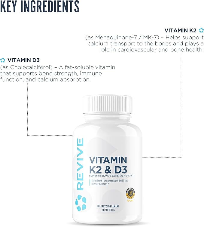 REVIVE MD Vitamin D3 & K2 - Supports Bone Health & Muscle Strength - K2 & D3 Vitamin Supplement for Women & Men Health & Brain Function (60 Servings)