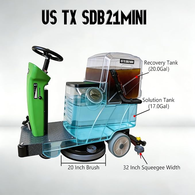 Ride-On Commercial Floor Scrubber Machine, 20″ Cleaning Width, 24V Battery Powered Scrubber Dryer with 17 Gal Tanks for Warehouse, Retail & Facility Cleaning (US-TX-SDB21MINI)
