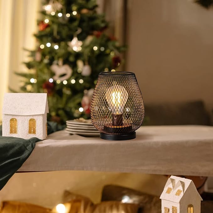 Set of 4 Battery Operated Lamp LED Table Lantern, Brown Metal Cage Cordless Lamps with LED Bulb，Vintage Decorative Outdoor Lantern for Weddings, Parties, Patio, Events for Indoors Shelf Decor