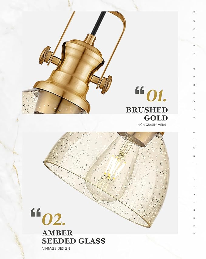 Pendant Lights Kitchen Island, 7.5" Farmhouse Pendant Lighting with Amber Seeded Glass Shade, Vintage Hanging Light Fixtures for Dining Room, Brushed Gold, AD-22151-1P-GD-OR