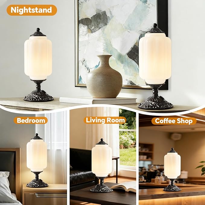 Milk Glass Table Lamp, Touch Control with USB Charging Port Vintage Bedside Desk Lamp Stepless Dimming for Bedroom Living Room Nightstand Led Bulbs Included （White）