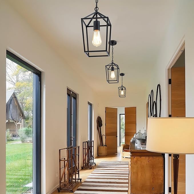 Sheetea 2-Pack Farmhouse Pendant Lights Kitchen Island, Black Pendant Light Fixtures Hanging Lamp for Dining Room, Modern Kitchen Pendant Lighting Over Island, Metal Cage Design