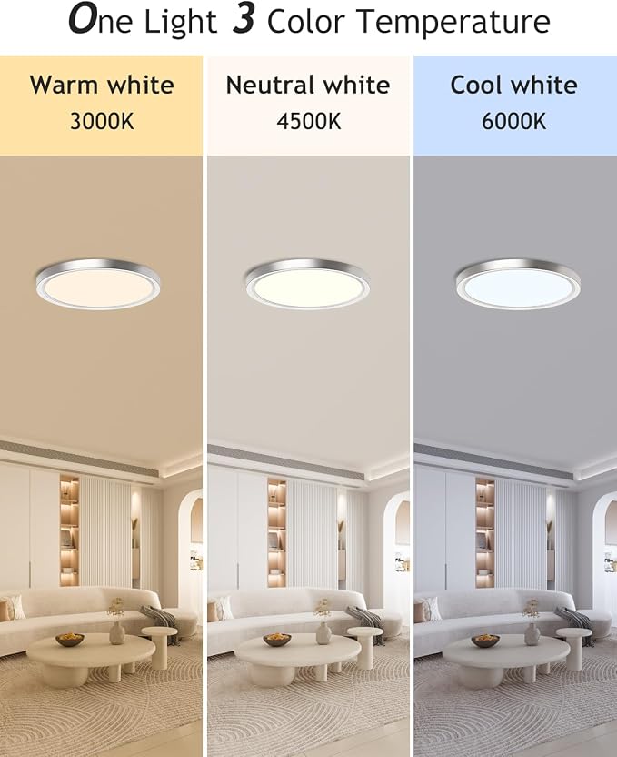 hepside 4PACK Flush Mount LED Ceiling Light Fixture Brushed Nickel, 12Inch 28W, Dimmable 3000K-4500K-6000K Ceiling Lamp 3200LM Low Profile Ceiling Light for Kitchen Bedroom Hallway