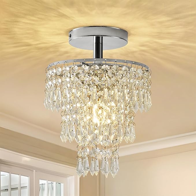 Small Crystal Chandelier, Flush Mount Ceiling Light with 3 Tiers Raindrops Crystal, E26 Base, Mini Chandelier, Ideal for Bedroom, Living Room, Hallway, Bar, Kitchen, Bathroom. D7.9"x H11" (Chrome)
