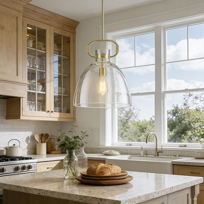 14’’ Large Glass Pendant Lights Kitchen Island, 1-Light Modern Gold Kitchen Island Lighting, Adjustable Antique Brass Hanging Pendant Light Fixture for Dining Room Bedroom Hallway E26