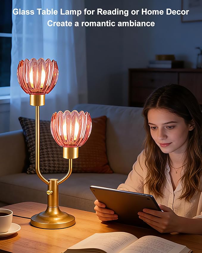 Lightdot Flower Table Lamp Dimmable Nightstand Lamp Mid Century Modern Red Glass Vintage Gold Desk Lamp 2 Bulbs Included Warmwhite Ambient Bedside Lamps for Living Room Bedroom Home Office Decor Gift