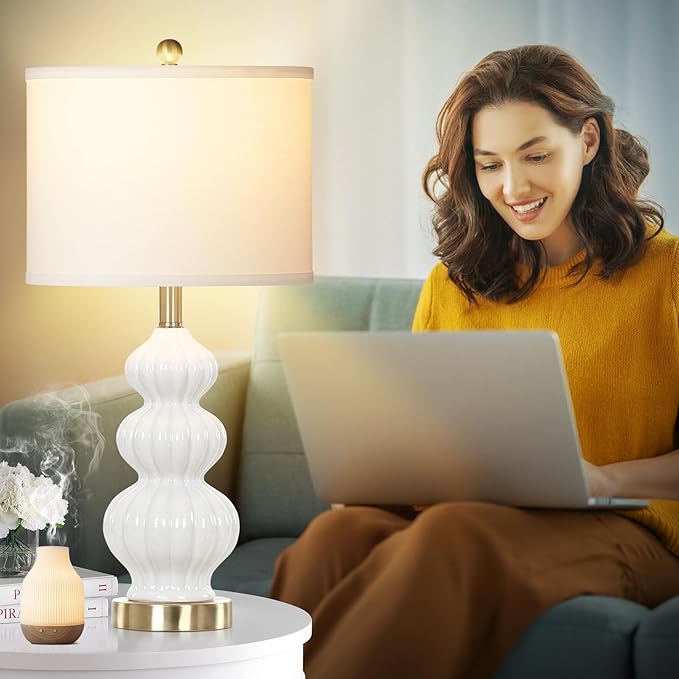 Modern White Table Lamps Set of 2 - Bedside Lamps for Night Stands, 26" Triple Gourd Ceramic Lamps for Living Room with USB A+C Ports & AC Outlet,3 Way Touch Lamps for Bedroom (LED Bulbs Included)