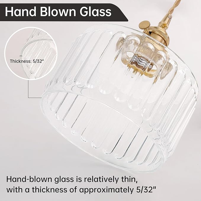 Shenmoyl Plug in Pendant Light Hanging Light Fixture Corded On/Off Switch Brass Pendant Light with Clear Striped Glass Lampshade for Bedroom Living Room Kitchen Island