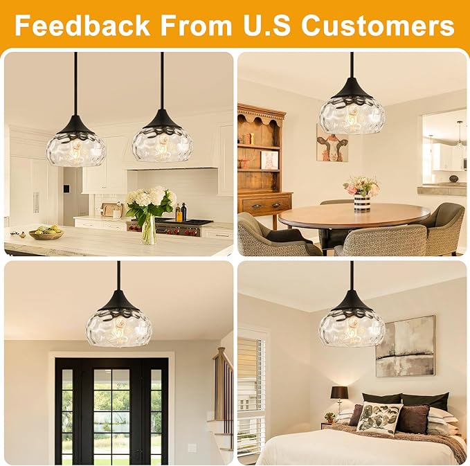 2 Pack Modern Pendant Lights Kitchen Island, Matte Black Pendant Light Fixtures with 8.5" Clear Hammered Glass Shade, Industrial Hanging Pendant Lights Fixture for Kitchen Island Dining Room Entryway