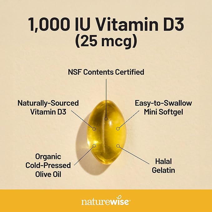 NatureWise ビタミンD3 1000IU (25mcg) 1年分 免疫サポート、健康的な筋肉機能、骨の健康に - 非遺伝子組み換え、グルテンフリー、オーガニックエクストラバージンオリーブオイル使用、ミニソフトジェル、360粒