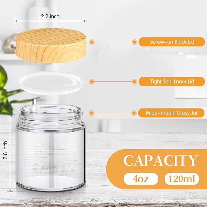 Norme 12 Pcs 4oz Glass Jars with Lids Empty Small Glass Containers and Inner Liners Reusable Cosmetic Jars Round Airtight Bottles with Plastic Wood Grain Lids for Travel