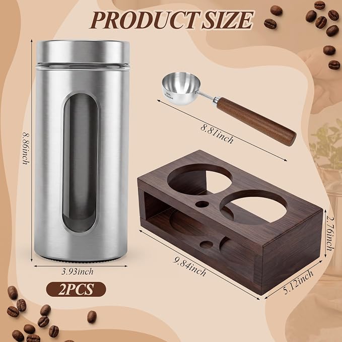 Suclain Stainless Steel Coffee Grounds Canisters with Shelf 2 x 50oz Sugar Coffee Bean Storage Container Airtight Threaded Lid Glass Window Scoop Kitchen Jar Set (Upgrade Style, 11.02 x 5.12 x 2.76'')