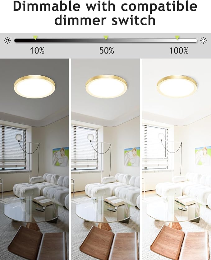 hepside 1PACK Flush Mount LED Ceiling Light Fixture Golden, 12Inch 28W, Dimmable 3000K-4500K-6000K Ceiling Lamp 3200LM Low Profile Ceiling Light for Kitchen Bedroom Hallway