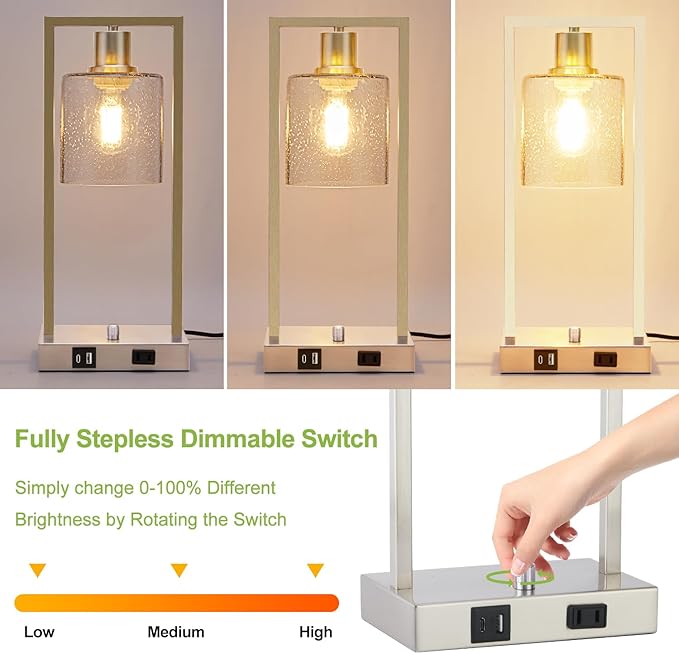 16" Desk Lamps for Home Office, Bedside Lamps with USB C+A Ports and Outlet, Nickel Fully Stepless Dimmable Industrial Table Lamps with Seeded Glass Shade for Reading Living Room, LED Bulbs Included