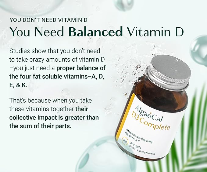 ALGAECAL 4-en-1 Vitamine D3 K2 Complete - Supplément vitaminique ADK, Soutien immunitaire renforcé et Santé osseuse avec D3 K2, A et E - Bien-être général et Force osseuse, 60 gélules faciles à avaler