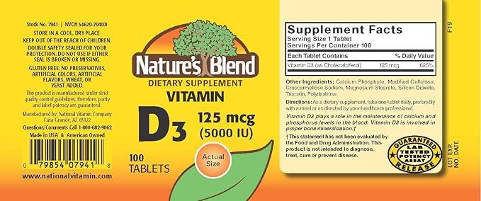 Nature's Blend Vitamine D3, 5000 UI 100 Comprimés