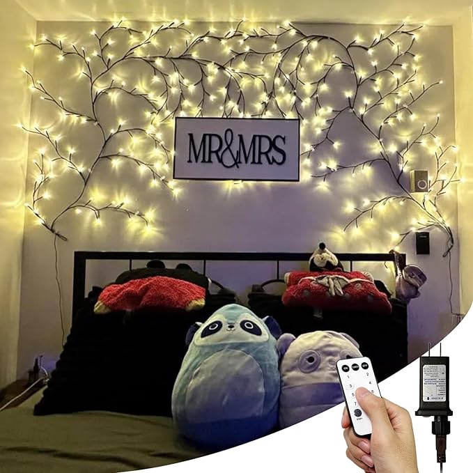 2Pcs Enchanted Willow Vine Lights with Remote, 18 Branches 144 LEDs Lighted Willow Vine for Wall Decor, Indoor Christmas Swags Decorations for Bedroom, Living Room & Home Decor