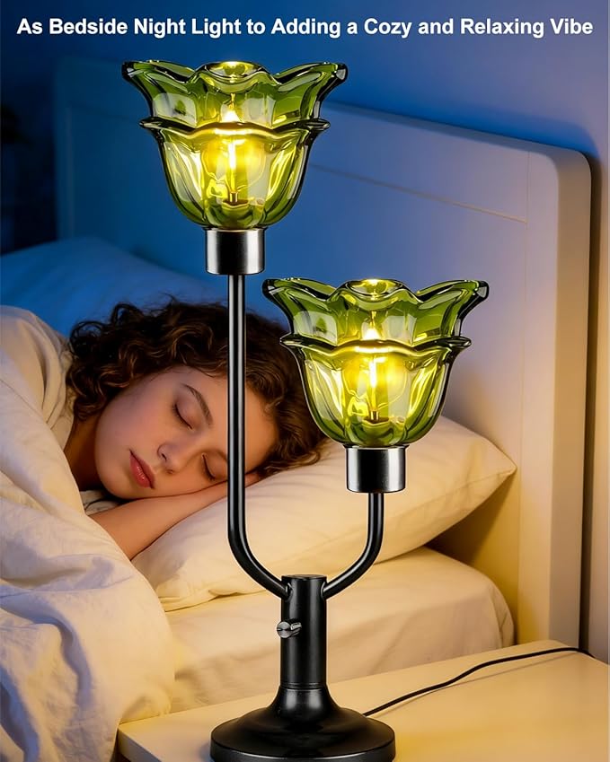 Lightdot Green Glass Flower Table Lamp Dimmable Nightstand Lamp Mid Century Modern Vintage Black Desk Lamp 2 Bulbs Included Warmwhite Ambient Bedside Lamp for Living Room Bedroom Home Office Decor