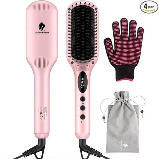 Enhanced Hair Straightener Heat Brush by MiroPure, 2-in-1 Ceramic Ionic Straightening Brush, Hot Comb with Anti-Scald Feature, Auto Temperature Lock & Auto-Off Function (Pink) 4 Piece Set