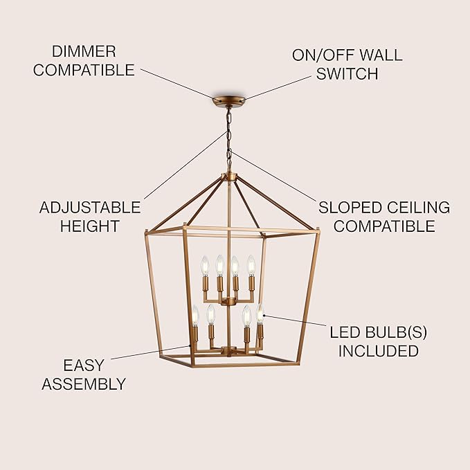 JONATHAN Y 20" Antique Gold Lantern Pendant Light, 8-Light Pagoda Style Metal Cage Farmhouse Hanging Ceiling Fixture for Kitchen Island, LED Bulb Included (JYL7438B)