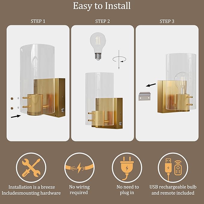 Morauroral Gold Battery Operated Wall Sconces Set of Two, Rechargeable Wall Sconce with Dimmable Remote, Indoor Wall Lights Warm Light for Living Room Bedroom with Glass Shade (Bulbs Included)