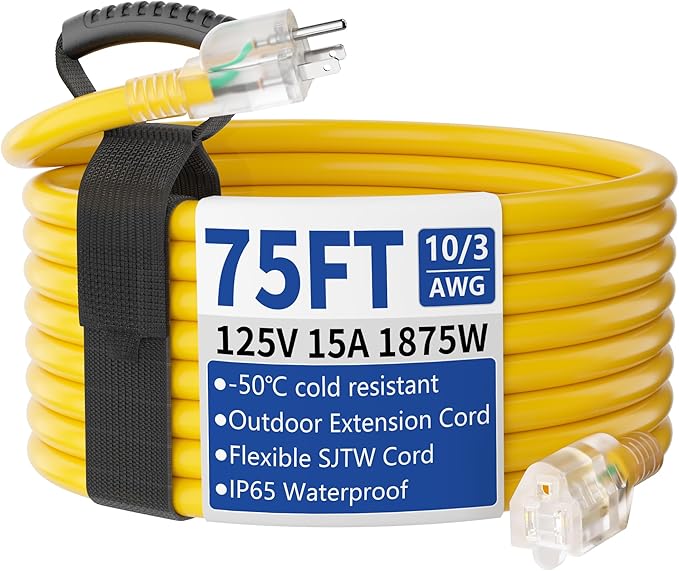 75ft Outdoor/Indoor Extension Cord with Lighted 10/3 Gauge Ultra 3 Prong Heavy Duty SJTW, Waterproof, Flexible Cold-Resistant,15A 125V 1875W, Yellow