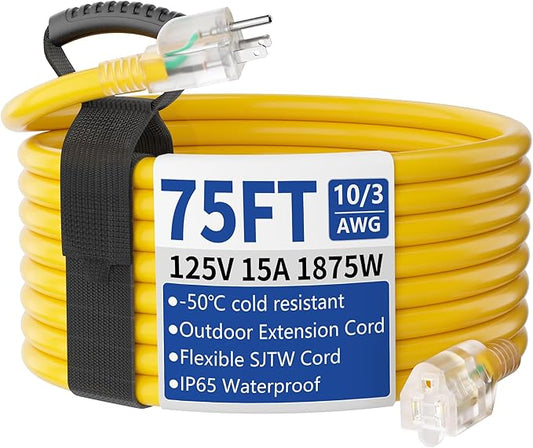 75ft Outdoor/Indoor Extension Cord with Lighted 10/3 Gauge Ultra 3 Prong Heavy Duty SJTW, Waterproof, Flexible Cold-Resistant,15A 125V 1875W, Yellow